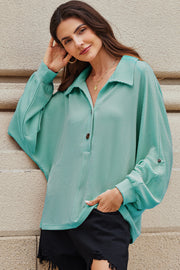 Light Blue Oversized Twist Ribbed Collared Henley Top with Roll up Sleeve