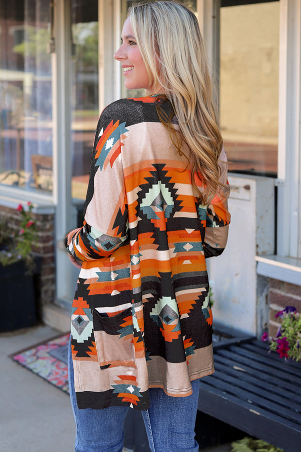 Orange Western Tribal Aztec Print Cardigan