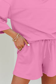 Bonbon Solid Loose V Neck Half Sleeve Tee and Shorts