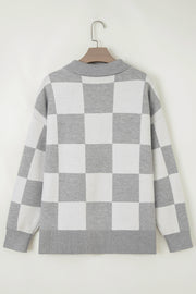 Gray Plus Size Checkered Pattern Button Polo Collar Split Sweater