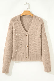 Smoke Gray Pearl Embellished Button Front V Neck Sweater Cardigan