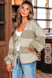 Khaki Striped Color Block Brushed Knit Bow Tie Front Sweater Cardigan