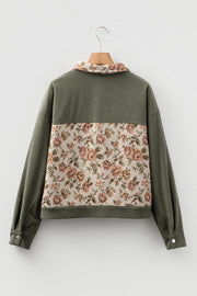 Sage Green Ribbed Retro Floral Patchwork Shirt Style Jacket