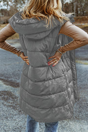 Dark Grey Hooded Long Quilted Vest Coat