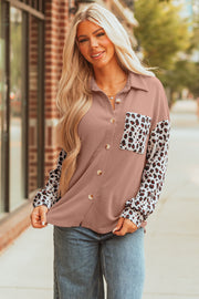 Dark Khaki Leopard Patched Twisted Ribbed Western Casual Shacket