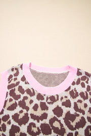 Brown Leopard Pattern Contrast Ribbed Trim Sweater Vest