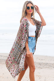 Apricot Floral Print Short Wide Sleeve Open Front Loose Kimono