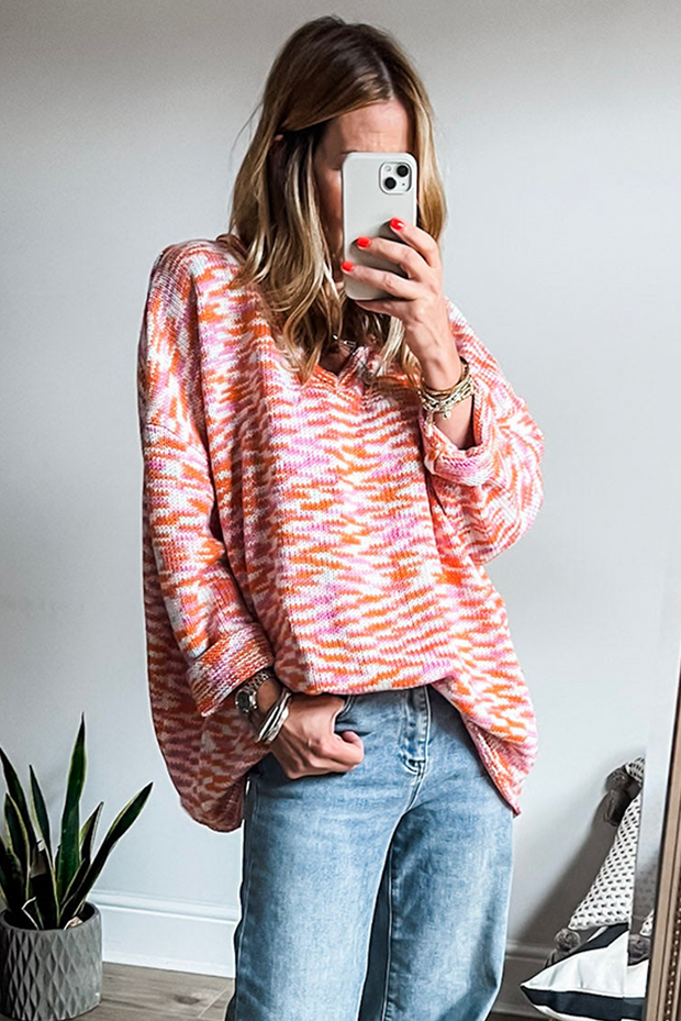 Orange Vibrant Abstract Print Drop Shoulder V Neck Tunic Oversized Sweater