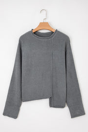 Medium Grey Raw Edge Uneven Hem Patchwork Drop Shoulder Sweater