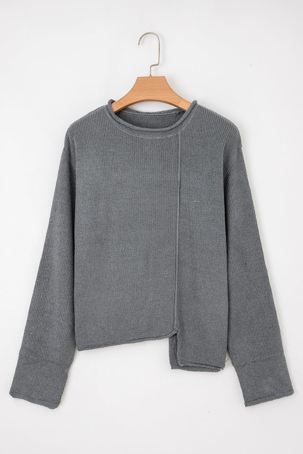 Medium Grey Raw Edge Uneven Hem Patchwork Drop Shoulder Sweater