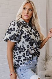 Black Floral Bubble Sleeve Casual Shirt