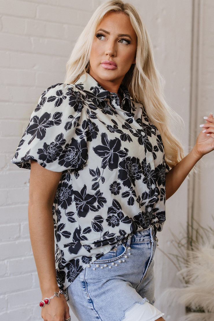 Black Floral Bubble Sleeve Casual Shirt