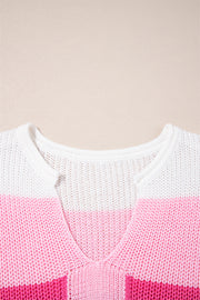 Pink Color Block Notch V Neck Sweater T Shirt