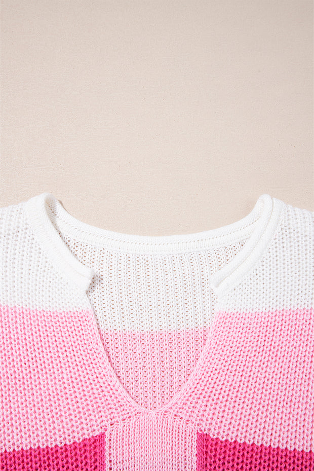 Pink Color Block Notch V Neck Sweater T Shirt