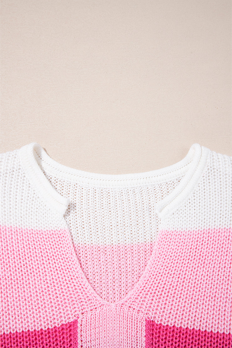 Pink Color Block Notch V Neck Sweater T Shirt