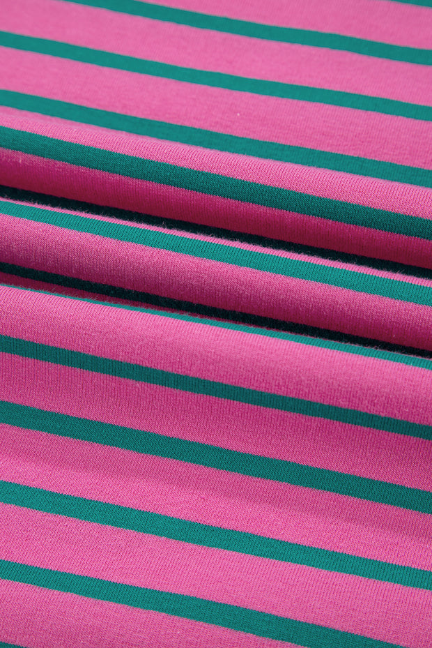 Pink Stripe Colorblock Ruffled Sleeve Crew Neck Blouse