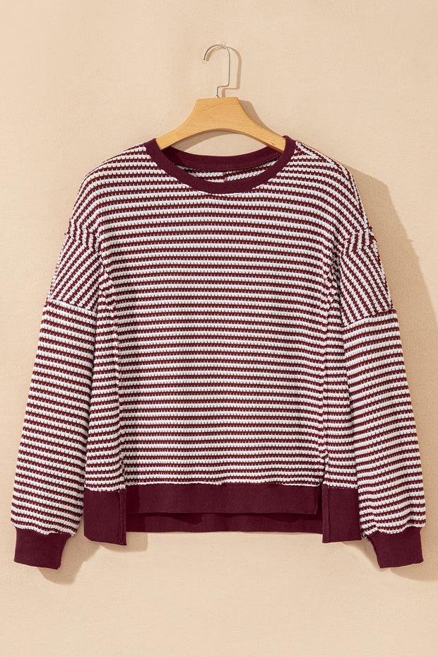 Red Stripe Ribbed Trim Drop Shoulder Long Sleeve Oversize Top