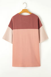 Rose Pink Plus Size Ribbed Colorblock T-shirt