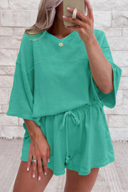 Sea Green Solid Loose V Neck Half Sleeve Tee and Shorts