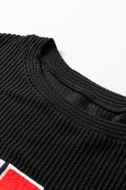 Black Twisted Rib Outlined Merry Letter Graphic Loose Long Sleeve Top