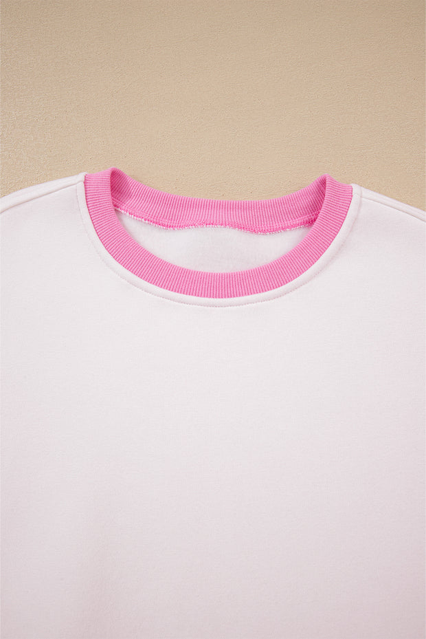 Strawberry Pink Color Block Pullover and Lace-up Elastic Waist Shorts Set