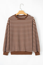 Coffee Striped Long Sleeve Round Neck Loose Top