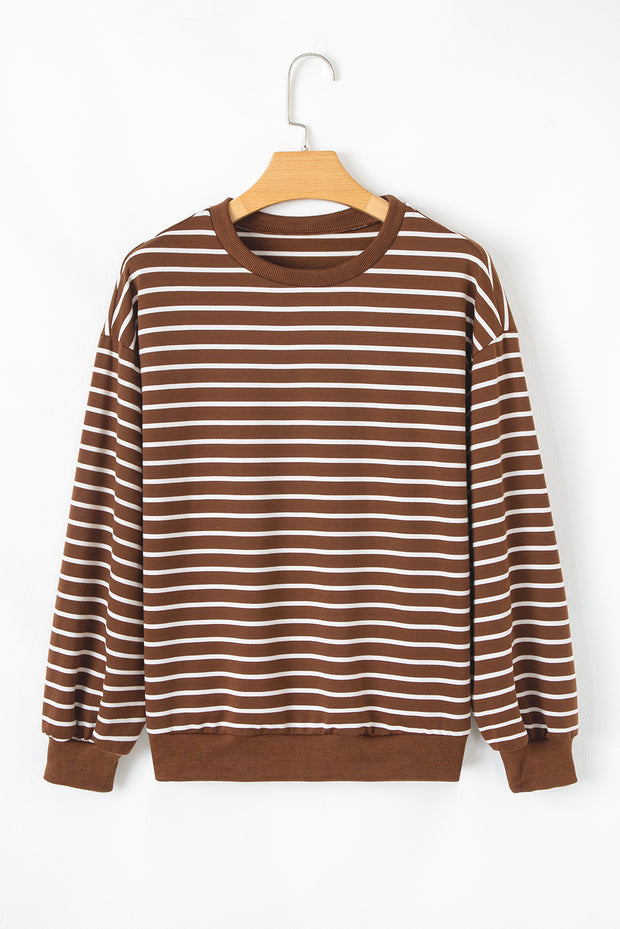Coffee Striped Long Sleeve Round Neck Loose Top