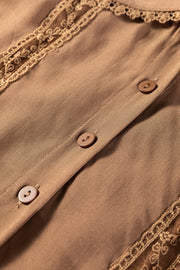 Straw Yellow Lace Trim Peter Pan Collar Long Sleeve Mini Shirt Dress