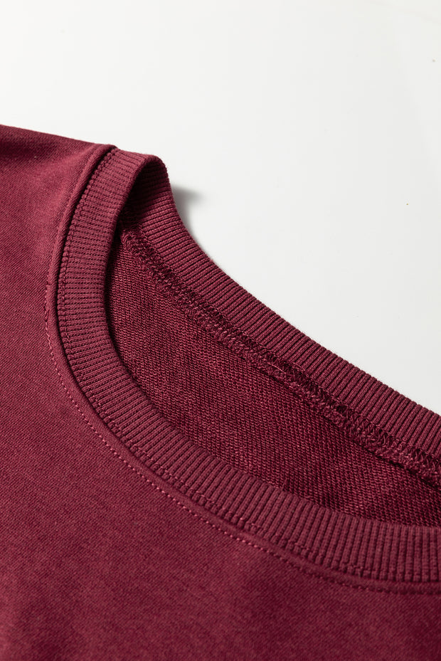 Red Sandalwood Plaid Colorblock Patchwork Sleeve Raw Seam Sweatshirt