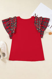 Racing Red Plaid Pearl Ruffled Short Sleeve Knitted Christmas Holiday Plus Size T-shirt