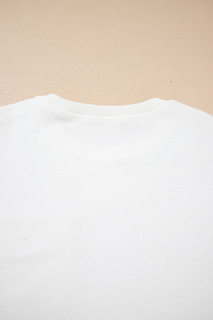 White Exposed Seam Chest Pocket Knit Pullover Sweatshirt