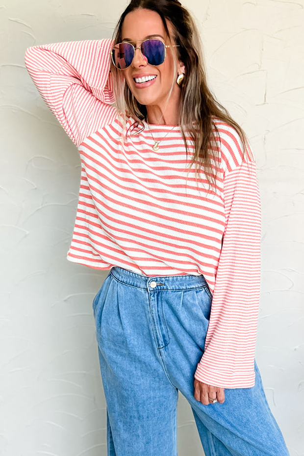 Pink Stripe Textured Contrast Dropped Long Sleeve Top