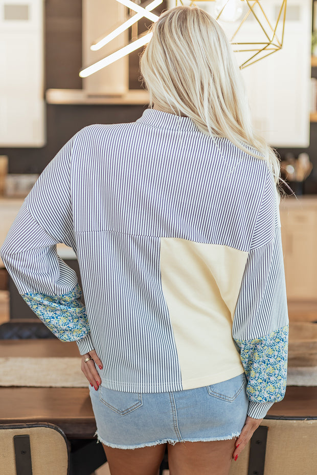 Beige Floral Striped Drop Sleeve Collared Boxy Fit Sweatshirt