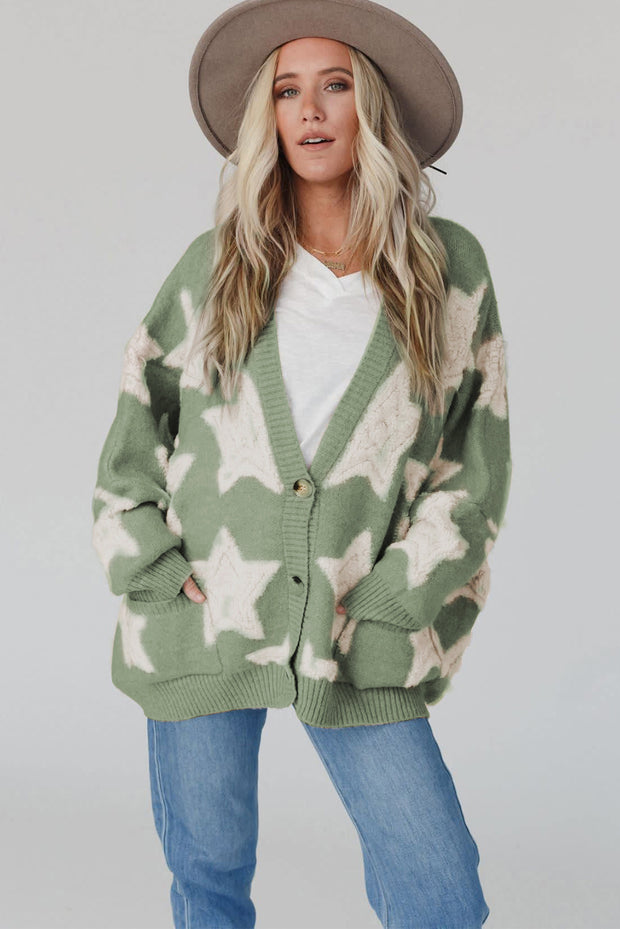 Green Sherpa Star Pattern Textured Sweater Cardigan with Pockets