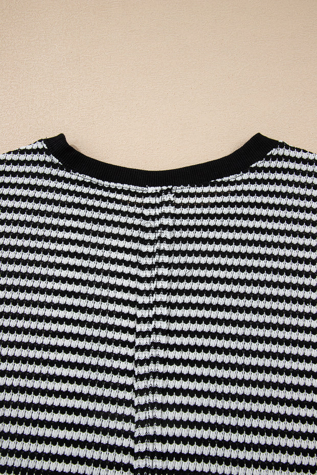 Black Stripe Ribbed Trim Drop Shoulder Long Sleeve Oversize Top