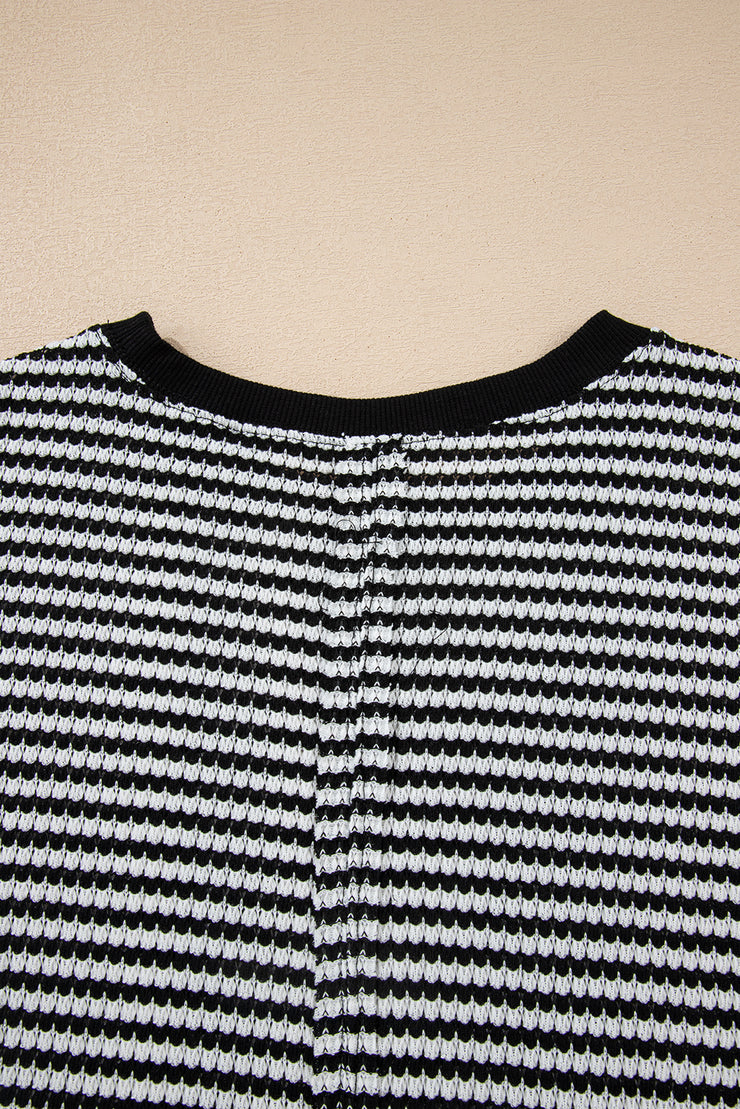 Black Stripe Ribbed Trim Drop Shoulder Long Sleeve Oversize Top