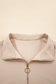 Parchment Textured Half Zip Kangaroo Pocket Top Drawstring Shorts Set