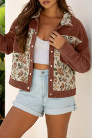 Clay Ribbed Retro Floral Patchwork Shirt Style Jacket