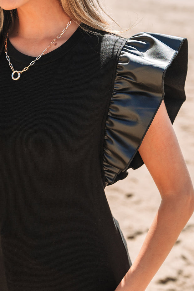 Black Leather Ruffle Sleeve Patchwork Round Neck Blouse