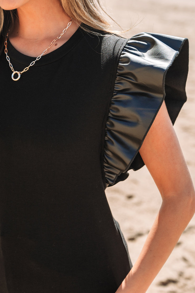 Black Leather Ruffle Sleeve Patchwork Round Neck Blouse