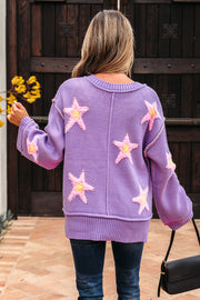 Lavendula Brushed Star Graphic V Neck Drop Shoulder Oversize Sweater