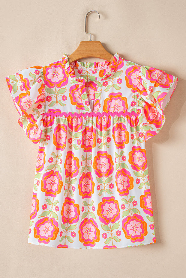 Rose Floral Ruffled Sleeve Ric-rac Trim Split Neck Loose Blouse