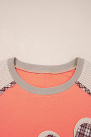 Grapefruit Orange Plaid Waffle Flower Patchwork Bracelet Sleeve Top