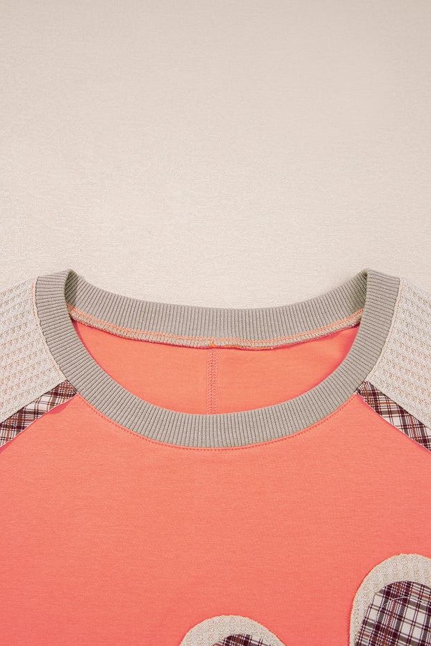 Grapefruit Orange Plaid Waffle Flower Patchwork Bracelet Sleeve Top