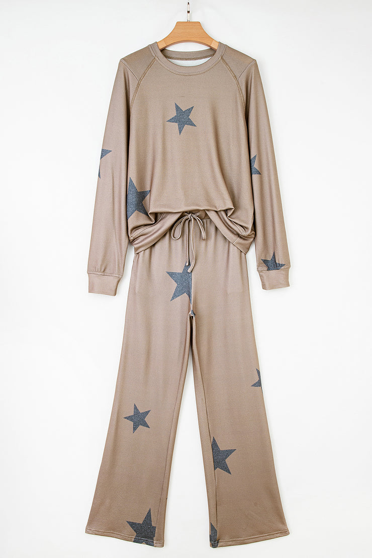 Khaki Retro Star Print Loose Long Sleeve Drawstring Wide Leg 2pcs Lounge Set