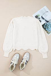 White Floral Embroidered Scallop Hem Cropped Sweater
