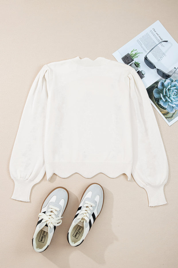 White Floral Embroidered Scallop Hem Cropped Sweater