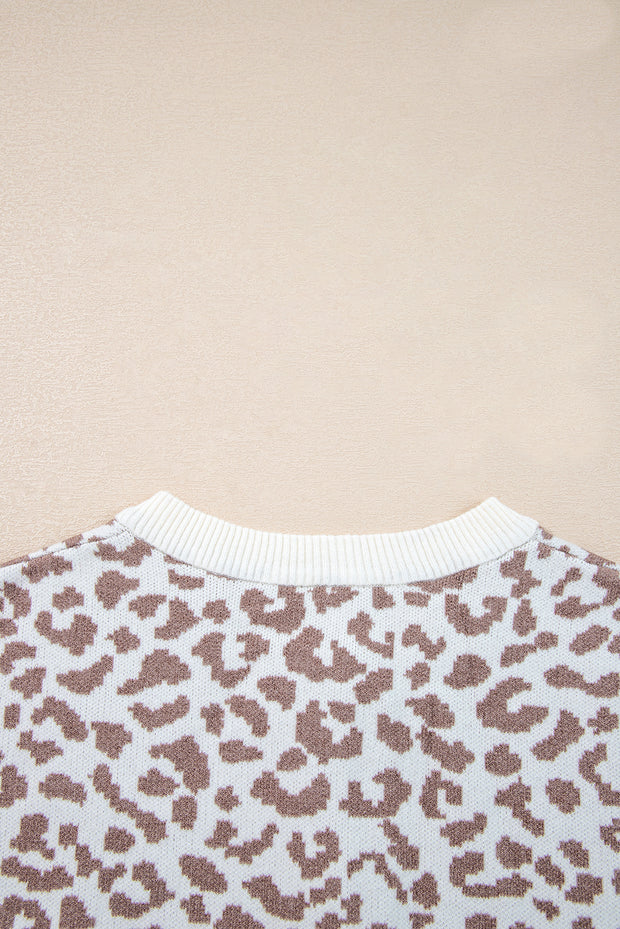 Khaki Leopard Drop Shoulder Chunky Knitted Cardigan Sweater