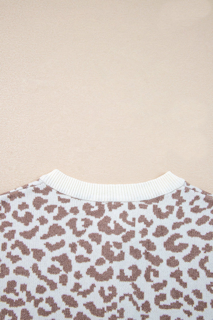 Khaki Leopard Drop Shoulder Chunky Knitted Cardigan Sweater
