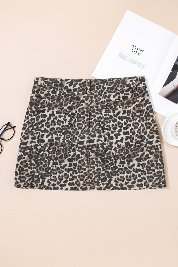 Khaki Leopard Denim Mini Skirt